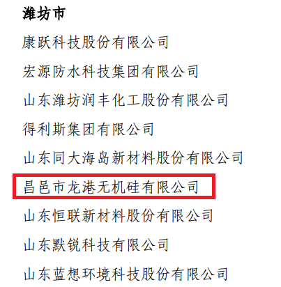 昌邑市龍港無機硅有限公司被認定為山東省技術創新示范企業