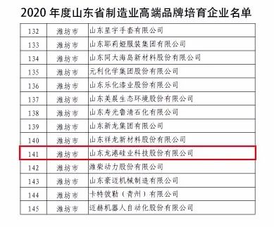 龍港硅業成功入選“山東省制造業高端品牌培育企業”！